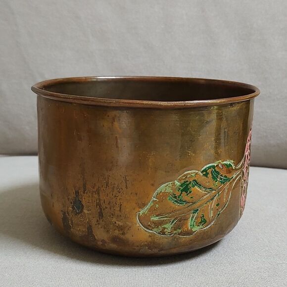 Hand Carved and Hand Painted Round Brass Cache Pot - Picture 4 of 8